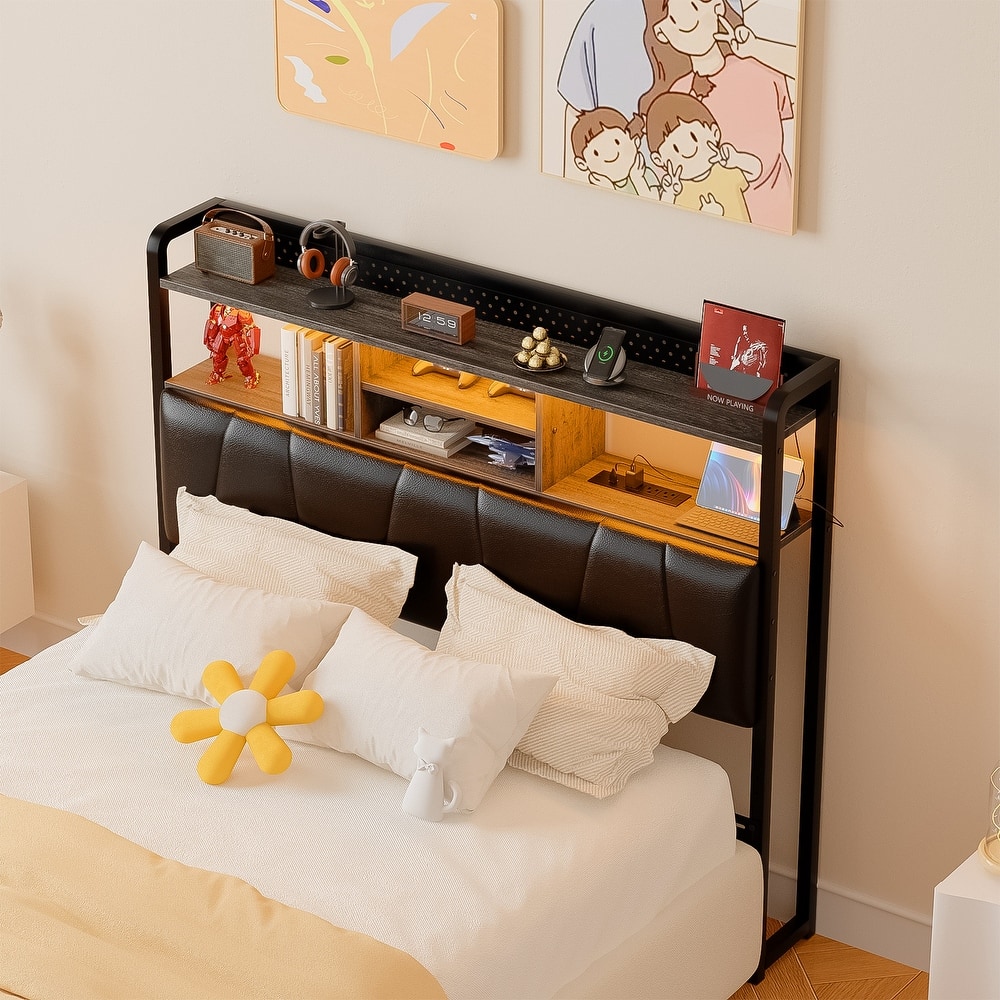 Upholstered Headboard with Pegboard and Charging Station, Storage Headboard Shelves and LED Light