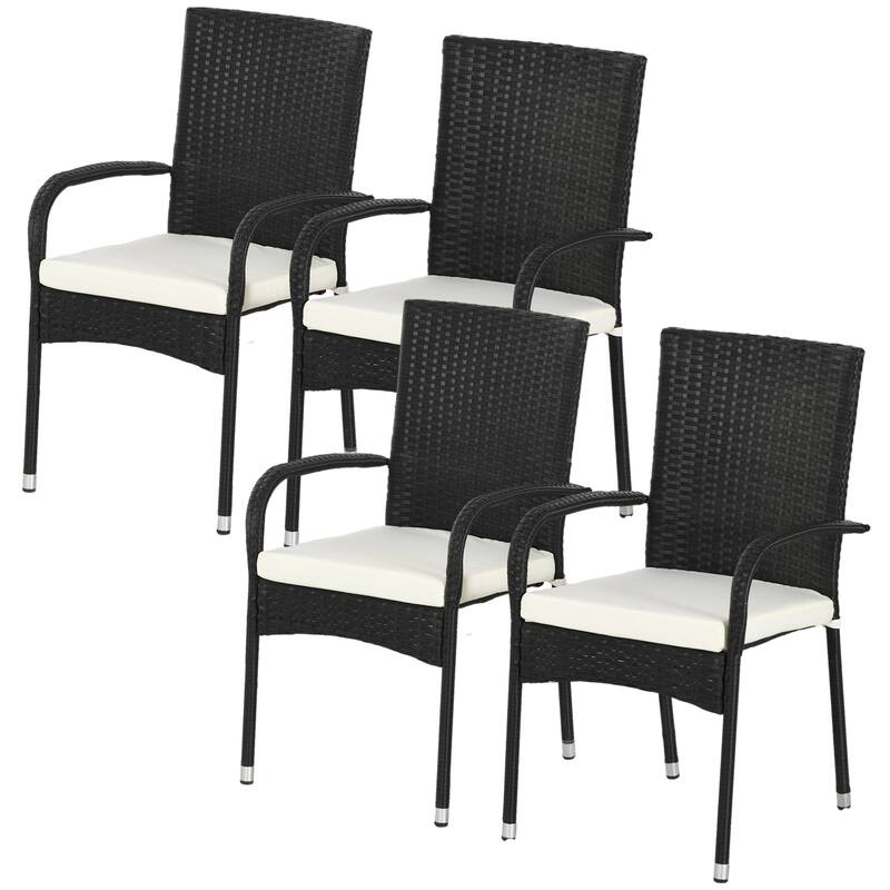 Modern 4 Piece Stackable Rattan Kitchen Dining Chairs with Cushions, Armrests, Backrests for Dining Room Kitchen Bedroom Terrace