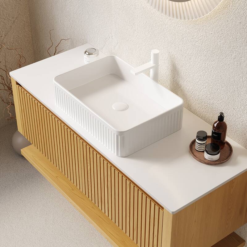 GDFStudio - Hizon Modern 48" Floating Bathroom Vanity with Ceramic Basin, Corolla Oak Finish & Open Shelf, WITHOUT Faucet - White