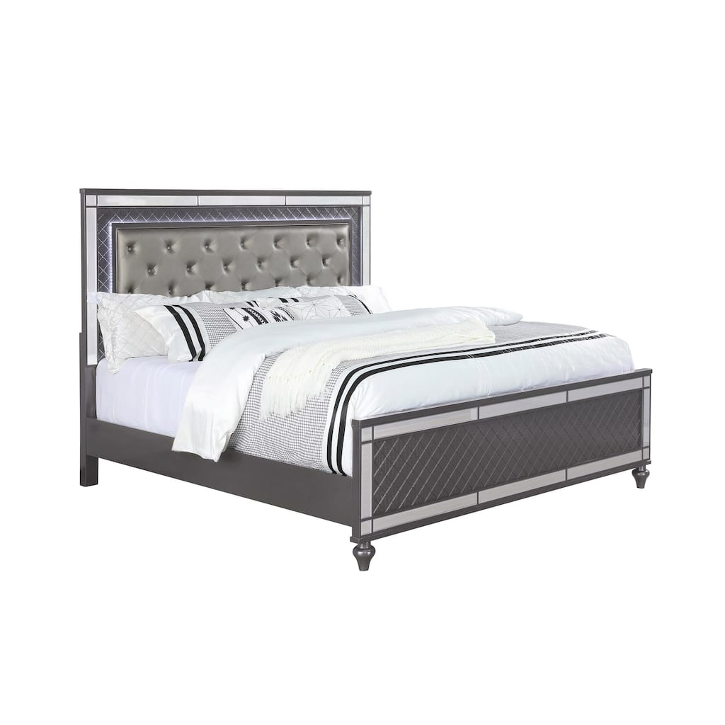Ina Gray LED Faux Leather Upholstered Tufted Panel Bed