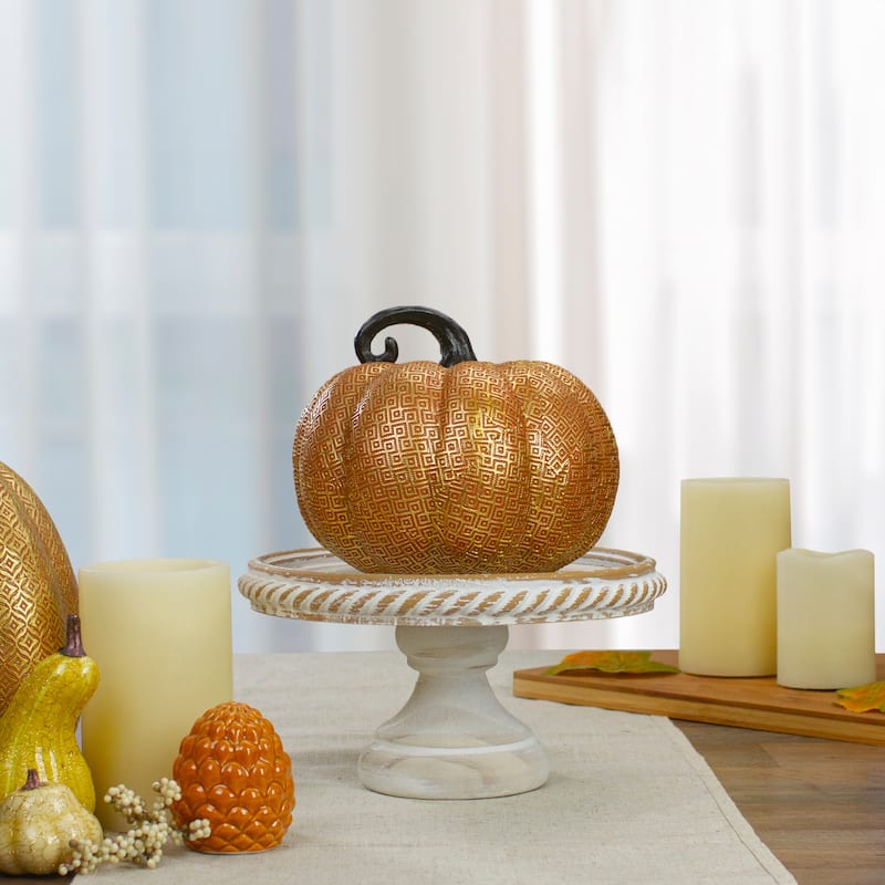 7.5" Gold and Orange Textured Greek Key Pumpkin Fall Decoration
