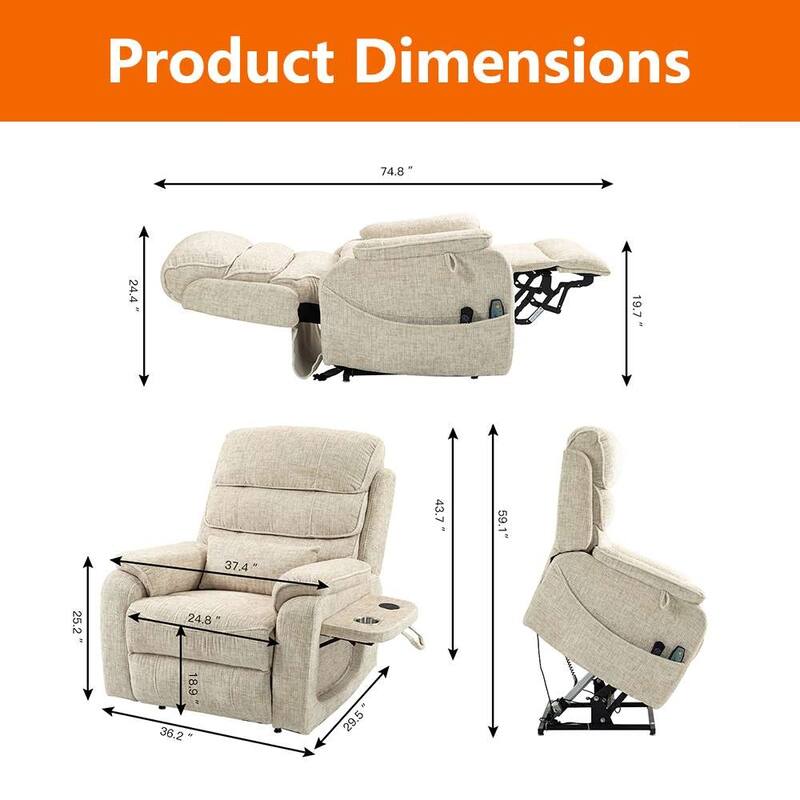 Dual Motor Oversized 180° Lay Flat Chenille Power Lift Recliner Chair with Retractable Tray, Wireless Charge