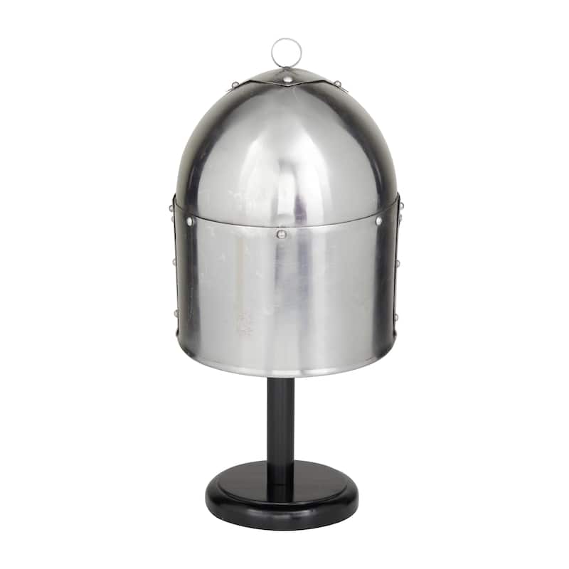 Silver Metal Replica Medieval Knight Crusader Helmet with Black Wood Stand - 9 x 10 x 18