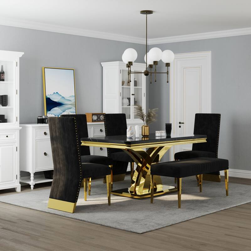 Stylish Modern X Cross Base Dining Room Table Set with Gold Dining Chairs