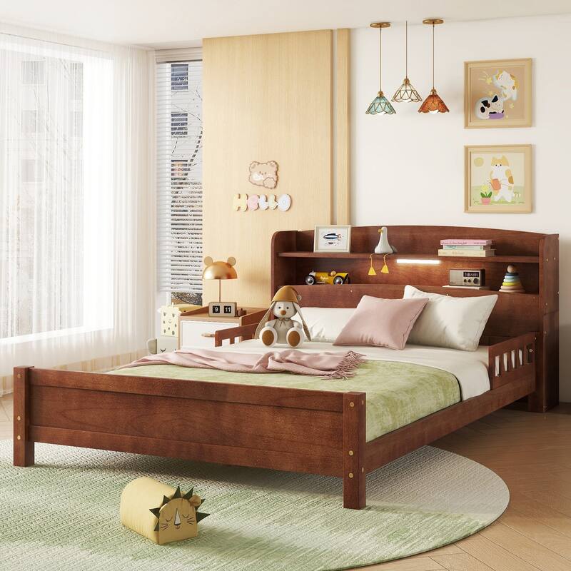 Full Pine Wood Bed with Bookcase Headboard, LED Motion Sensor Light, Bed Guardrails, Walnut Finish