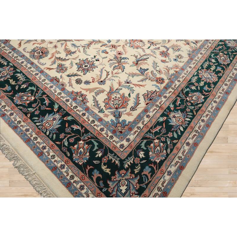 12x15 Hand Knotted Wool Cream Kashaan Traditional Botanical Plush Pile Area Rug - 12' x 15'