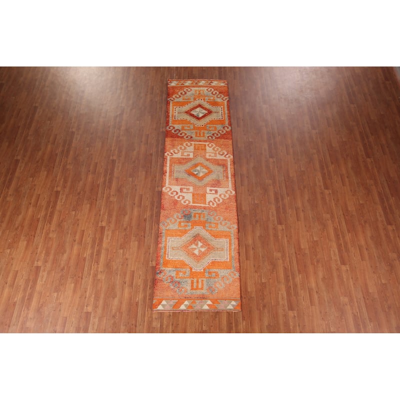 Transitional Oushak Oriental Vintage Runner Rug Handmade Wool Carpet - 3'2"x 11'9"