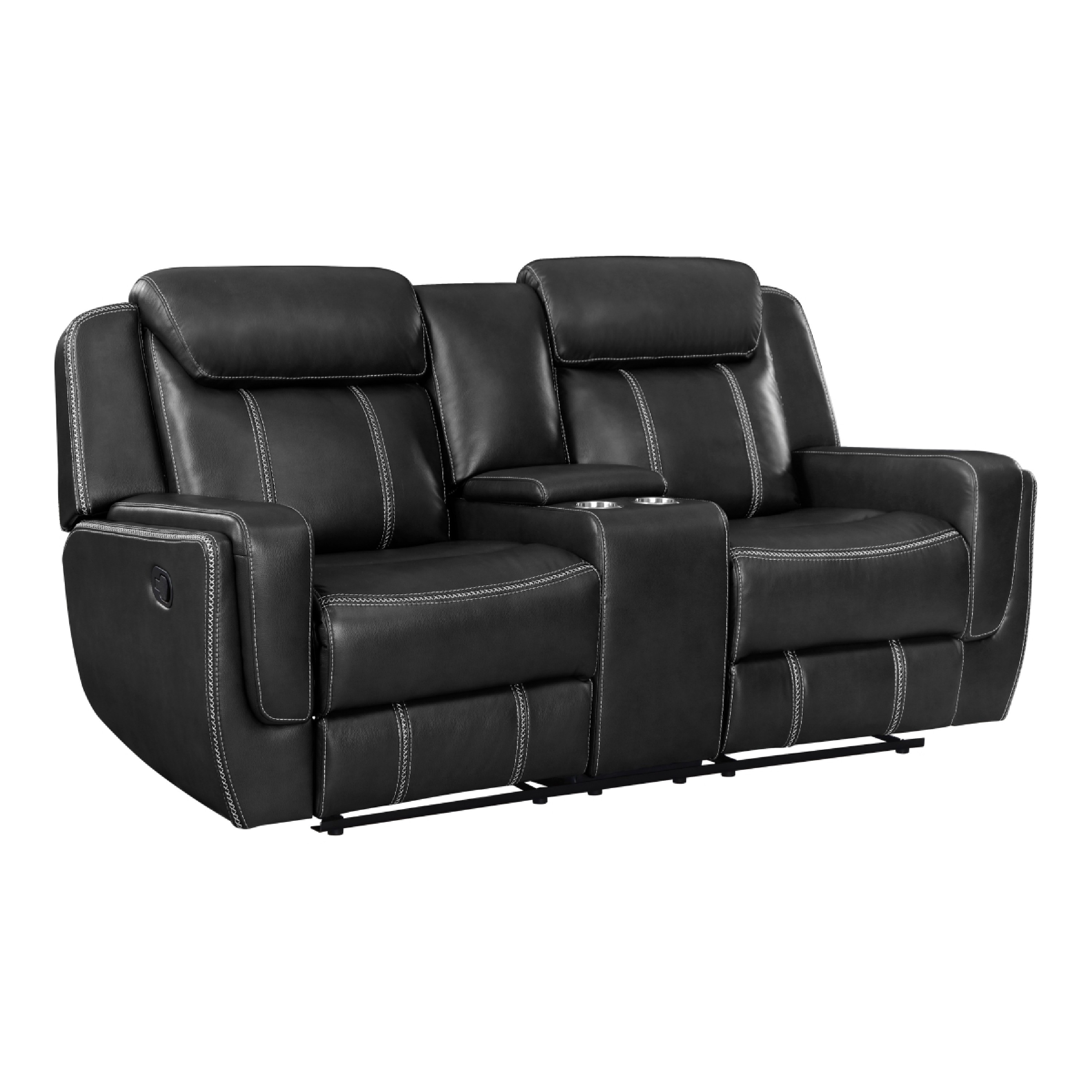 Benjara Lety Manual Reclining Loveseat w Center Console, Black Faux Leather