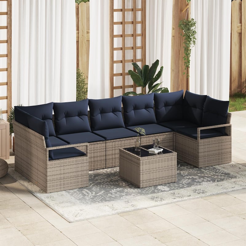 vidaXL 8 Garden Sofa Set with Cushions Black/Brown/Grey Poly Rattan - 113.8 x 48 x 27.2 - Grey