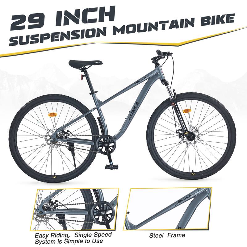 29 Inch Single Speed Mountain Bike with Front Suspension, Double Disc Brakes, Steel Frame for Adults, Boys & Girls