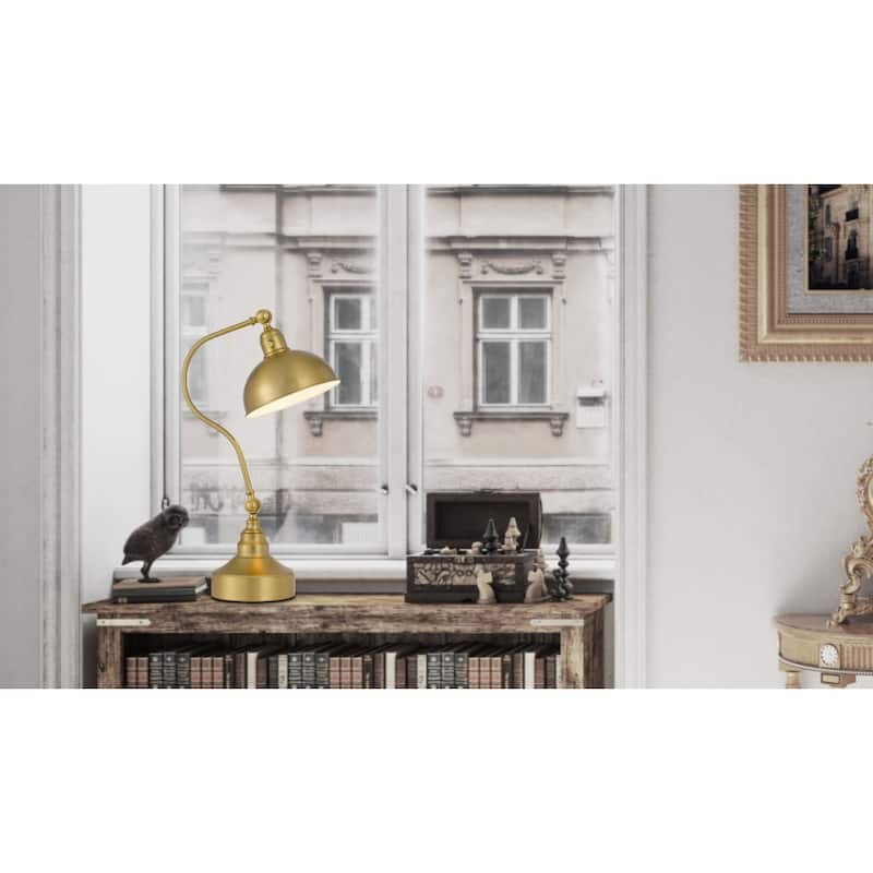 Antiqued Brass Metal Desk Lamp with Dome Shade and Rotary Socket Switch - 18” x 9” x 25” (D x W x H)