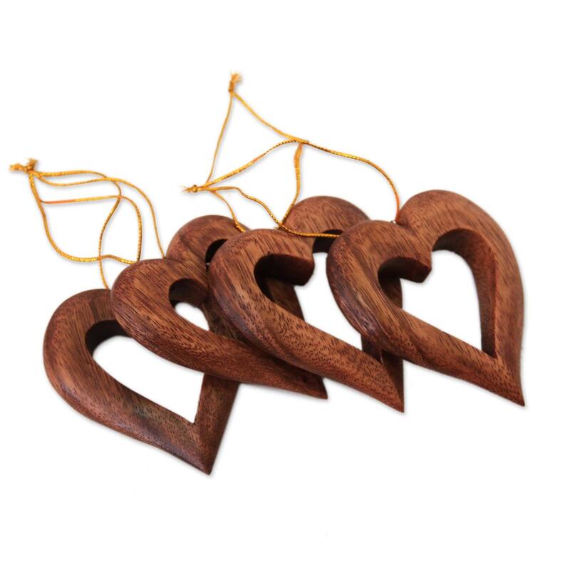 NOVICA Heart Grain, Wood ornaments (set of 4) - 3.5" L x 3.1" W x 0.6" D