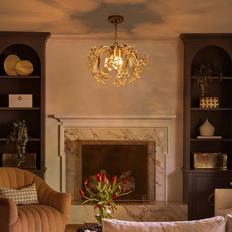 Brushed Gold 4-Light Branch Chandelier with Crystal Floral Accents - Dia.17.72-in