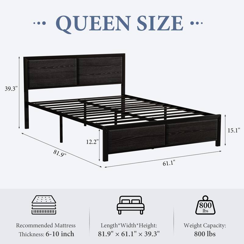 VECELO Platform Bed Frame with Wooden Headboard Heavy Duty Steel Slats Support No Box Spring Needed