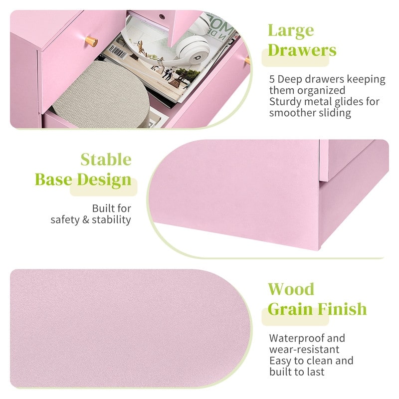 5-Drawer Dresser For Bedroom And Chest Of Drawers With Sturdy Construction Wood Storage Organizer For Closet