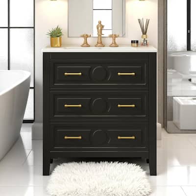 30" Bathroom Vanity with Ceramic Sink, 3 Drawers, Solid Wood Frame,Retro Cabinet, Pre-Drilled for 4" Faucet, Storage Organizer