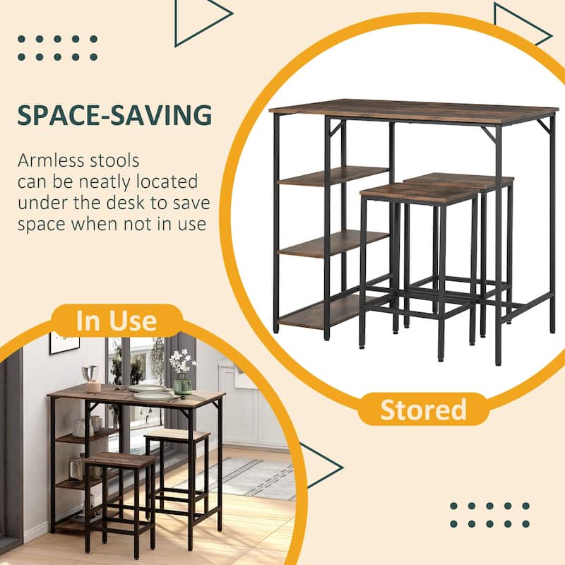 3-Piece Rustic Wood Top Bar Table Set with 2 Counter Stools and Metal Frame for Kitchen and Dining