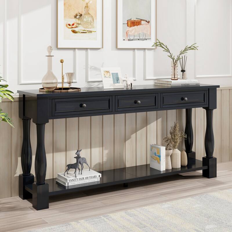 Farmhouse 63" Long Console Table with Drawers and Shelf for Entryway - Espresso