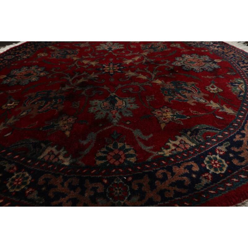Agra Traditional Botanical 3x3 Round Hand Knotted New Zealand Wool Burgundy Rug - 3' x 3' -Round