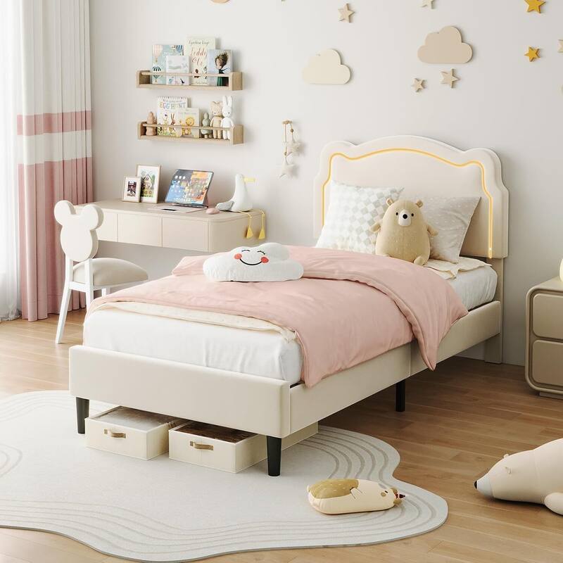 Twin Size Upholstered LED Velvet Platform Bed Frame with Bear-Shaped Headboard - Beige