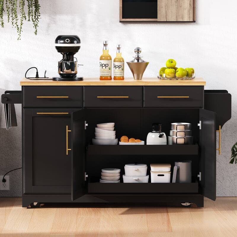 59" Rolling Kitchen Island on Wheels with Trash Can Storage Cabinet, Island Table for Kitchen with Power Outlet, Storage Rack