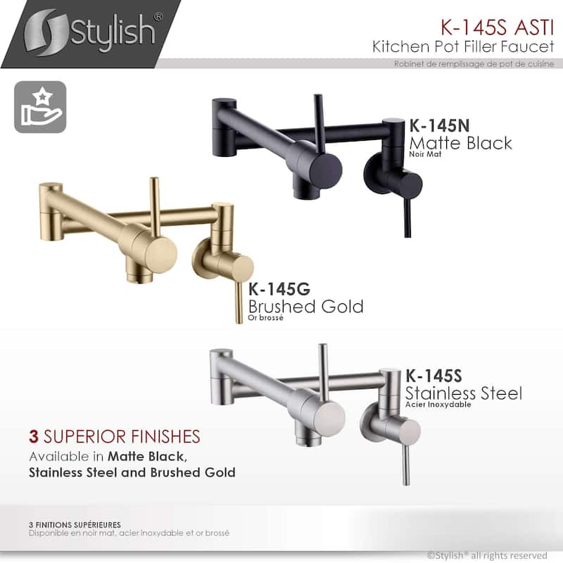 STYLISH Stainless Steel Wall Mount Pot Filler Folding Stretchable with Single Hole Two Handles