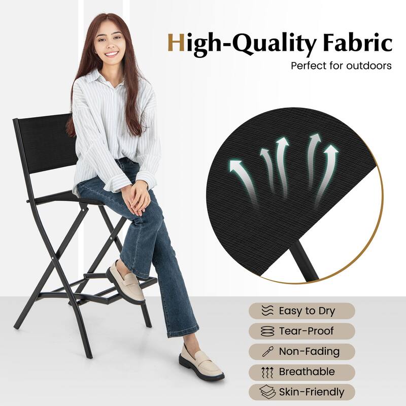 28 Inch Set of 2 Folding Bar Stools with Metal Frame and Footrest for Patio Balcony or Garden Use - 18" x 22.5" x 40"