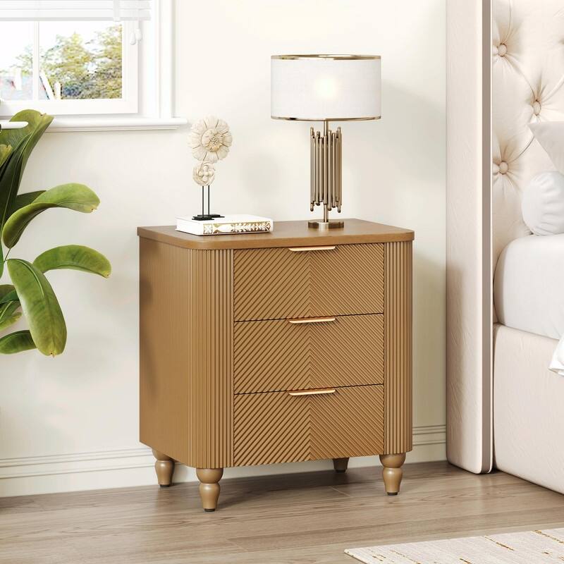 Mid-Century Fluted 3-Drawer Nightstand with Curved Design and Gold Handles - Natural