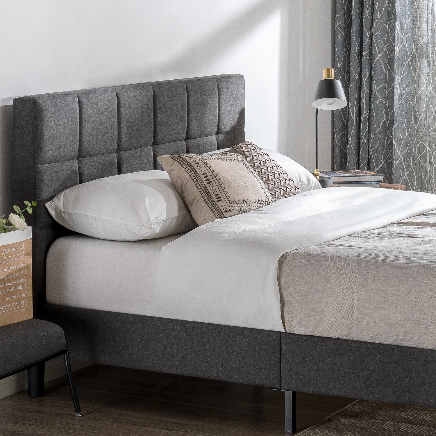 Priage by ZINUS Grey Upholstered Square Stitched Platform Bed