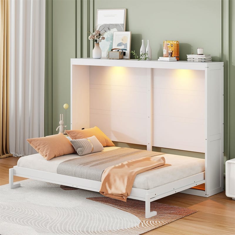 Queen Size Murphy Bed Wall Bed with LED Lights, Folding Murphy Bed Cabinet, Space Saving Design Murphy Chest Bed - White