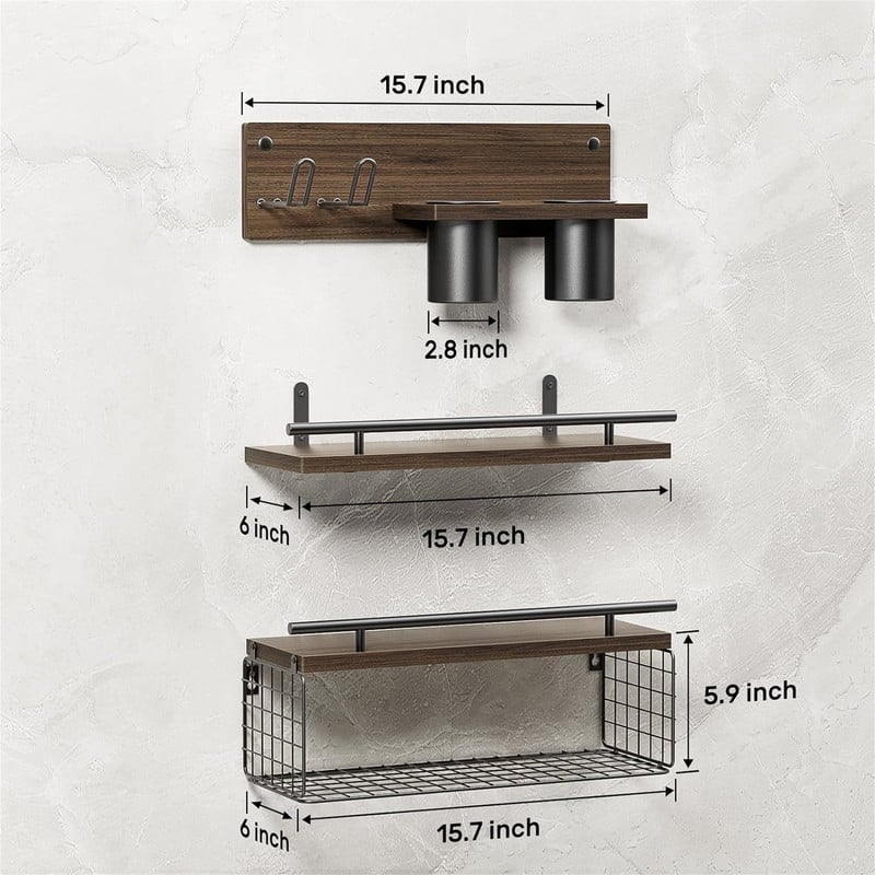Floating Shelves with Hair Dryer Holder - 5.9"D x 15.7"W x 0.6"H