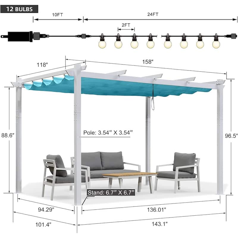 PURPLE LEAF Gazebo White Aluminium Outdoor Retractable Pergola with Canopy Cover