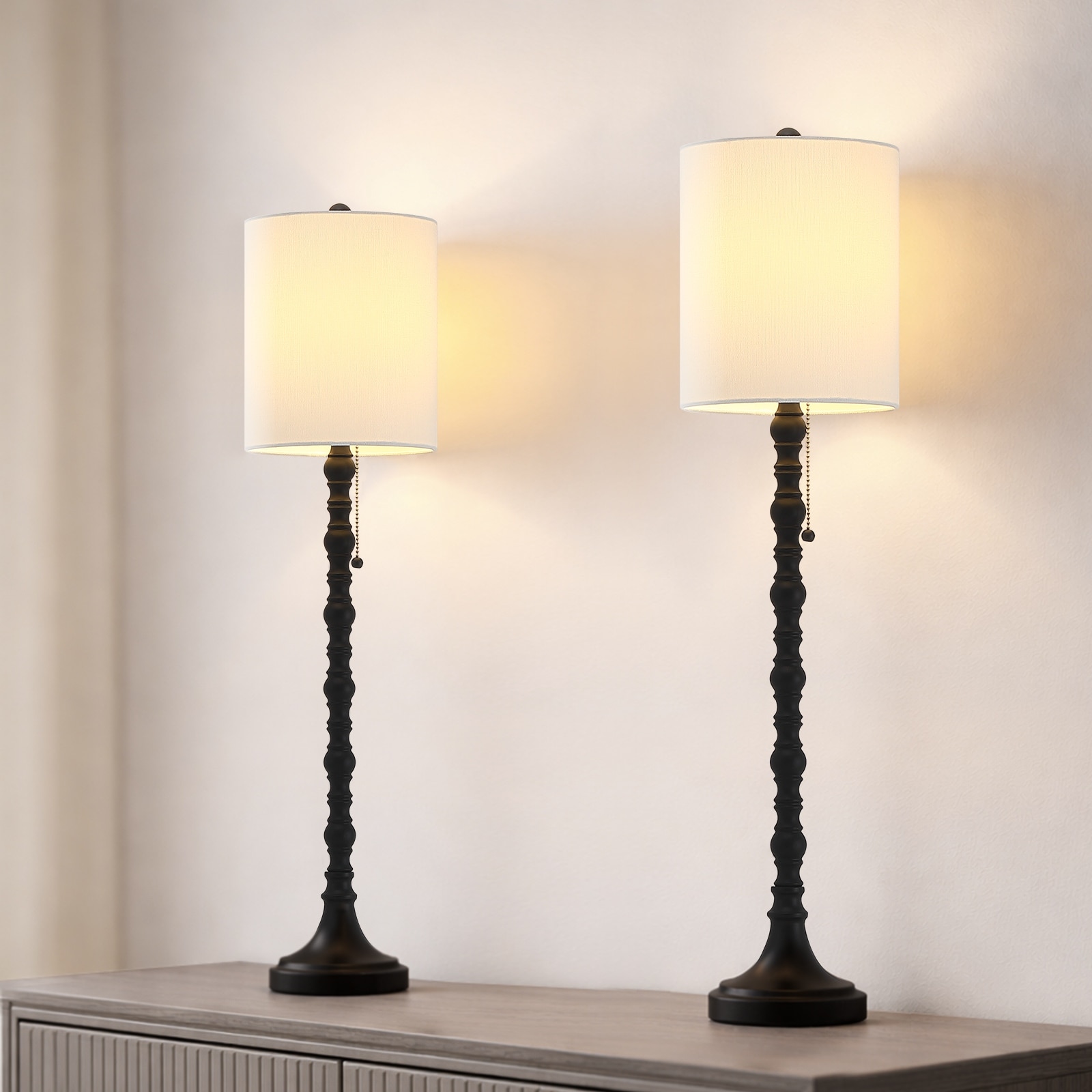 Black Buffet Lamps Set of 2 with White Shades - 30 in. H