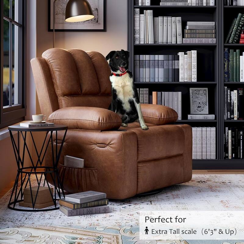 Oversized Manual PU Leather Recliner Sofa Chair with Cup Holders