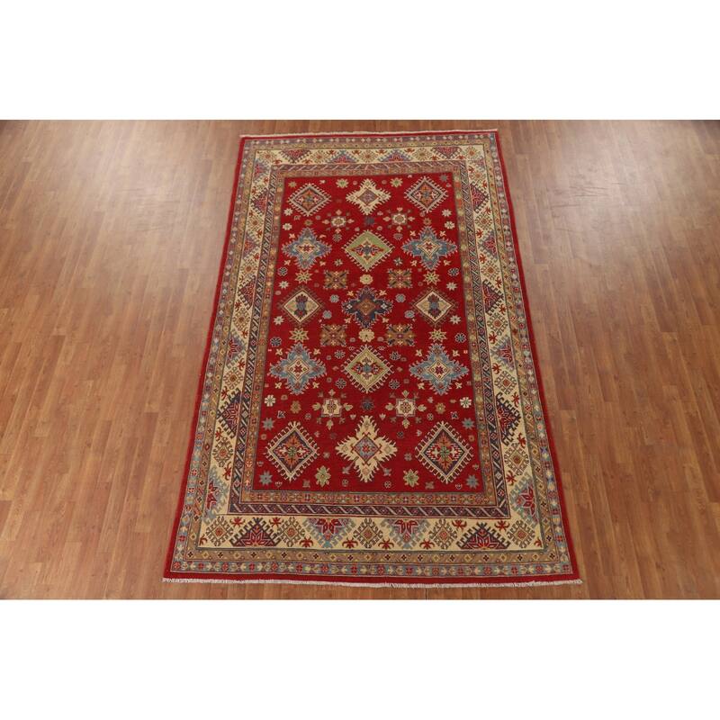 Red Geometric Kazak Area Rug Hand-Knotted Bedroom Wool Carpet - 6'2" x 10'2"