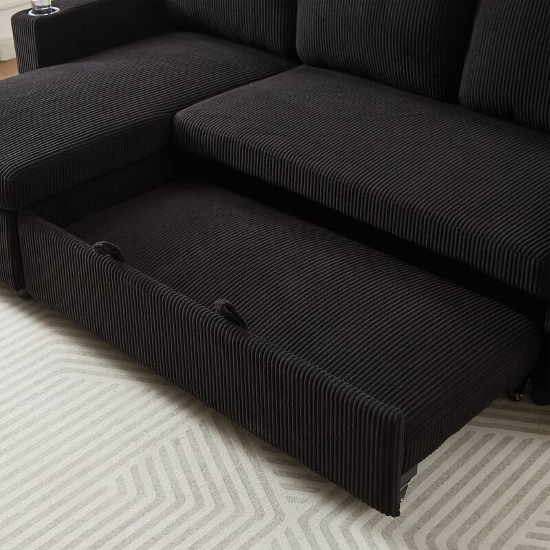 Modern Corduroy Reversible Sleeper Sofa Bed with Pullout Bed, L-Shaped Combo Sofa for Tight Spaces, Living Room, and Office