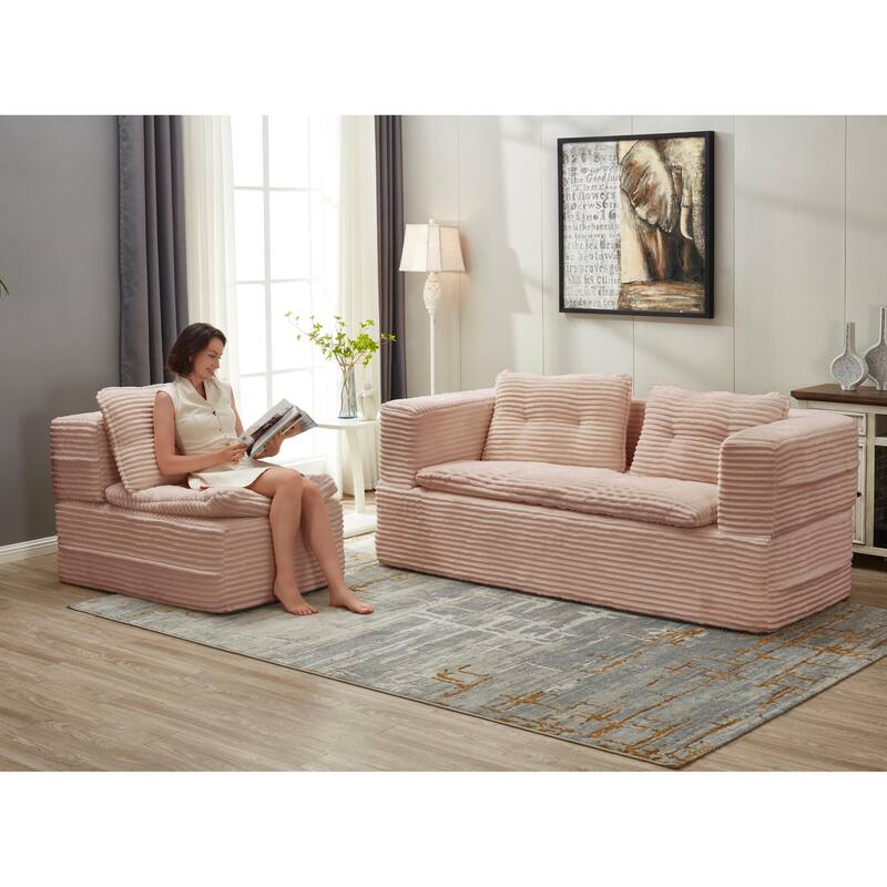 Convertible Floor Sofa Bed with Chaise Lounge, Corduroy 3-in-1 Sofa, Sofa to Bed with Dual-Purpose Blanket, No Assembly Required