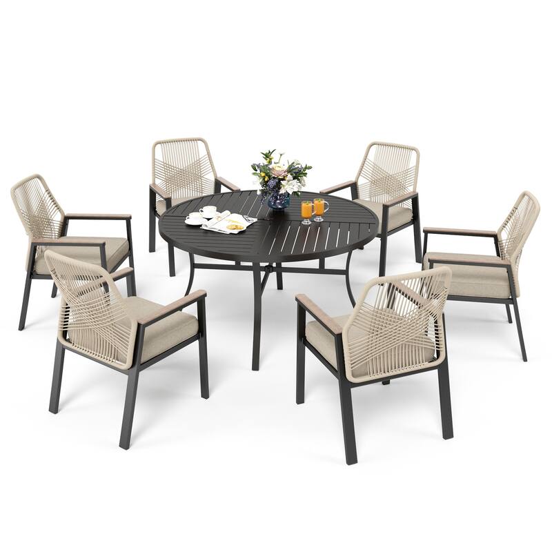 MAISON ARTS 5/7 Pieces Patio Dining Set, Round Table and Woven Rattan Dining Chairs with Cushions, for Patio, Backyard, Poolside - 7 piece
