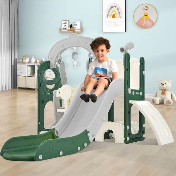 slide 2 of 9, Toddler Slide and Swing Set 5 in 1, Kids Playground Climber Slide Playset with Telescope, Freestanding Combination for Babies