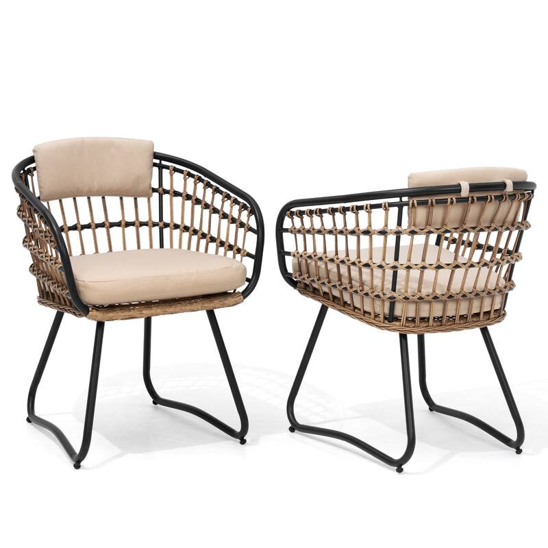 Outdoor Patio Wicker Dining Chairs PE Rattan Seating Set with Cushion - Beige - Set of 2