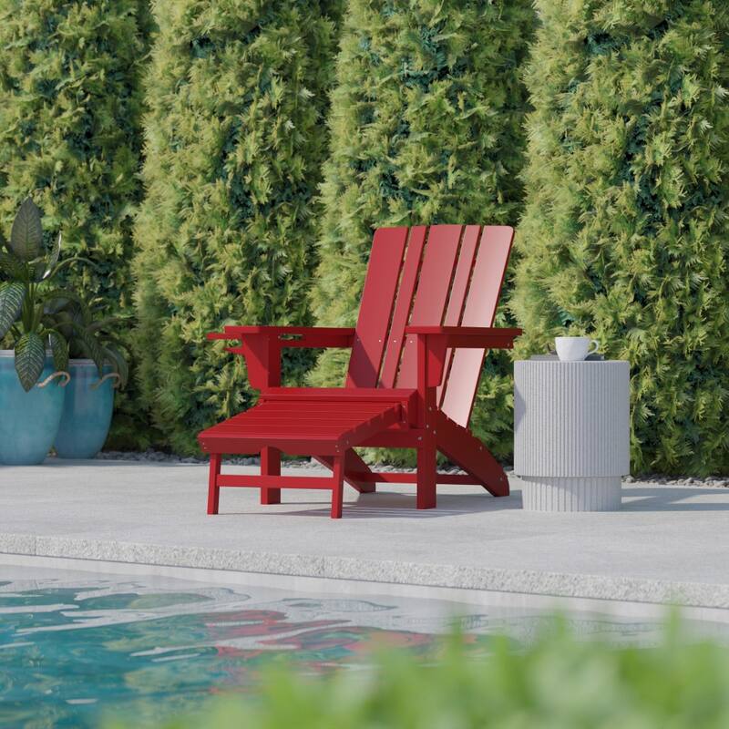 Commercial All-Weather Adirondack Chair with Pullout Ottoman & Cupholder