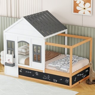 White Twin Size Pine Wood House Shaped Bed with Roof and Window, Blackboard and Little Shelf