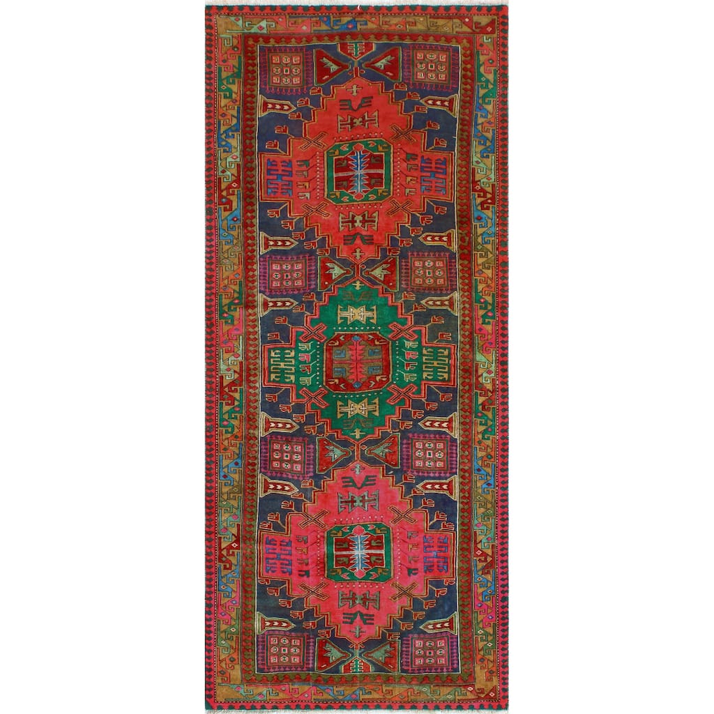 Fine Vintage Distressed Farshad Navy/Red Runner - 4'1" x 9'10"