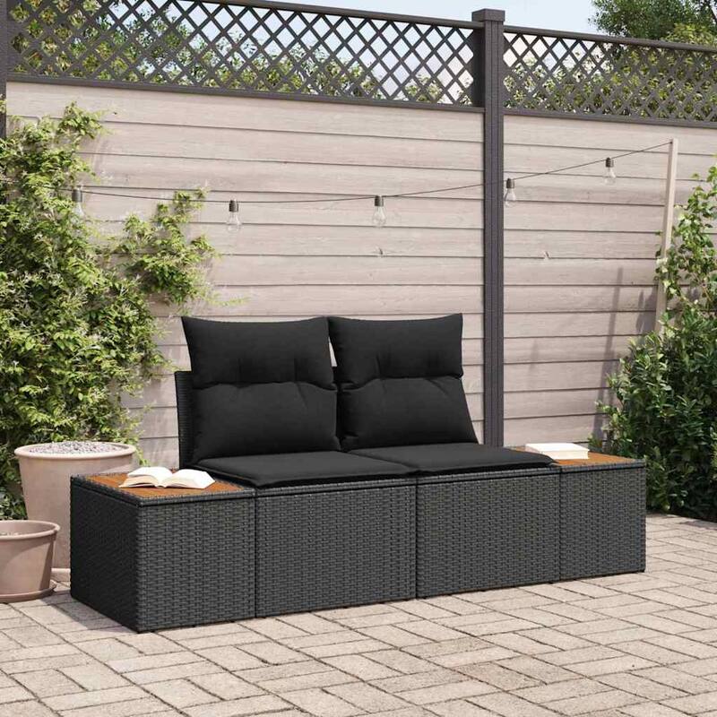 vidaXL 2-Seater Garden Sofa with Cushions Black Poly Rattan - 24.4 x 72.4 x 27.2