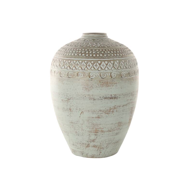 Green Ceramic Handmade Antique Style Decorative Vase with Geometric Tribal Carvings
