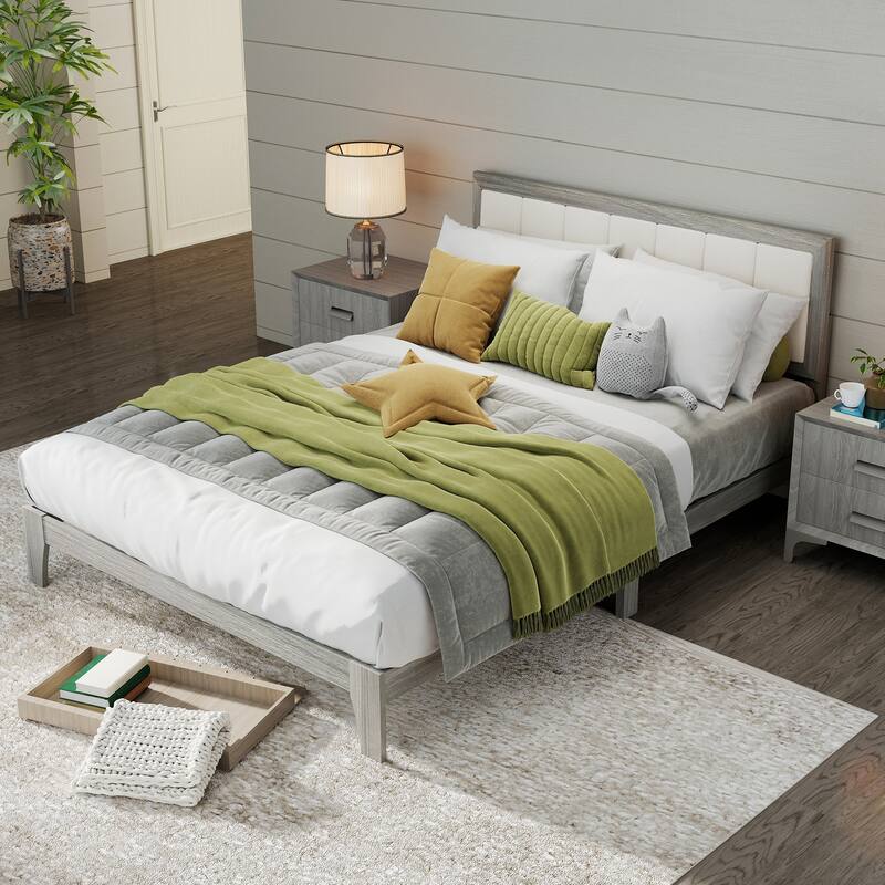HOMCOM Queen Size Bed Frame with Upholstered Headboard, Platform Bed Frame with Wooden Slats, No Box Spring Needed