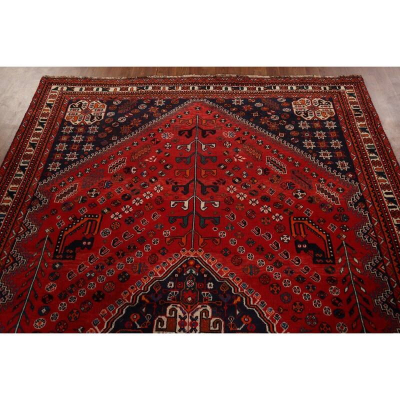 Hand Knotted Oriental 100% Wool Carpet Traditional Tribal Red Shiraz Area Rug - 9' 8'' X 6' 7''