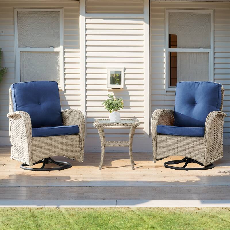 Outdoor Swivel Rocking Chairs Set of 3 - Light Beige - Blue - Light Beige