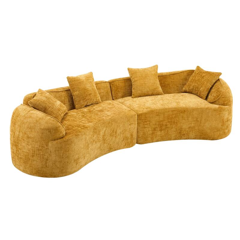 Curved Sectional Sofa with Pillows, Chenille Upholstered 4 Seater Sofa, Full-Compressed Deep Seat Sofa for Living Room