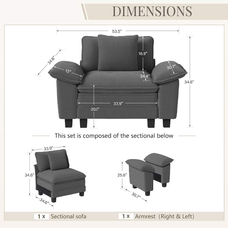 MAISON ARTS Cloud Modular Deep Seat Sofa, Chenille or Corduroy Sectional Couch with Removable Arms, 1–4 Seater